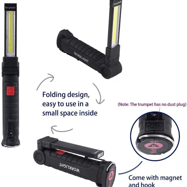 USB-laddningsbar ficklampa LED-arbetslampa Bärbar magnetisk COB-hängande krok KLB
