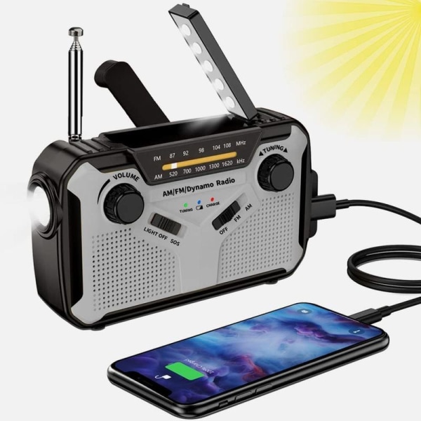 Solar Radio, AM/FM Portable Crank Radio, Dynamo Emergency Radio med 4000 mAh