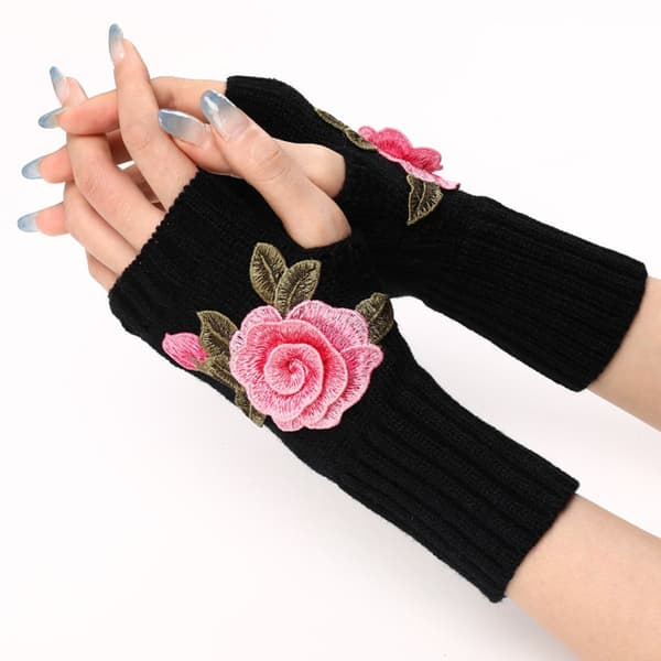 Vinter Fingerless Handsker Halv Finger Handske Sort + Pink Blomst KLB