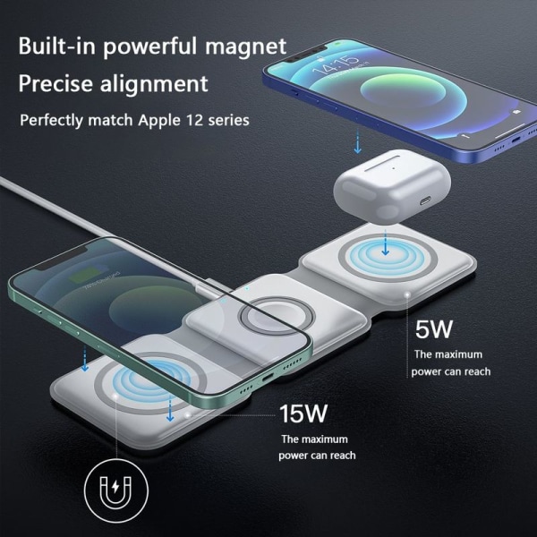 Trådlös laddningsplatta för iPhone hopfällbar, kompakt 3 i 1 vit