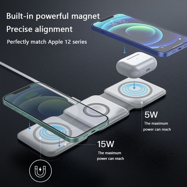 Trådløs ladepute for iPhone, sammenleggbar, kompakt 3 i 1, hvit