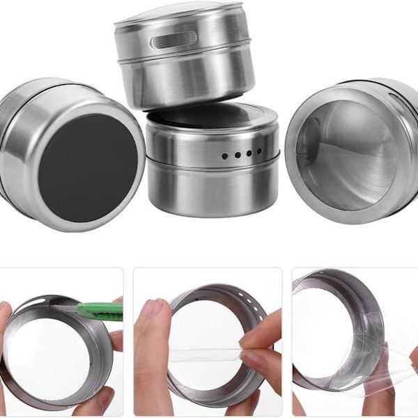 12-pack magnetiska kryddburkar i rostfritt stål med bricka för kök KLB