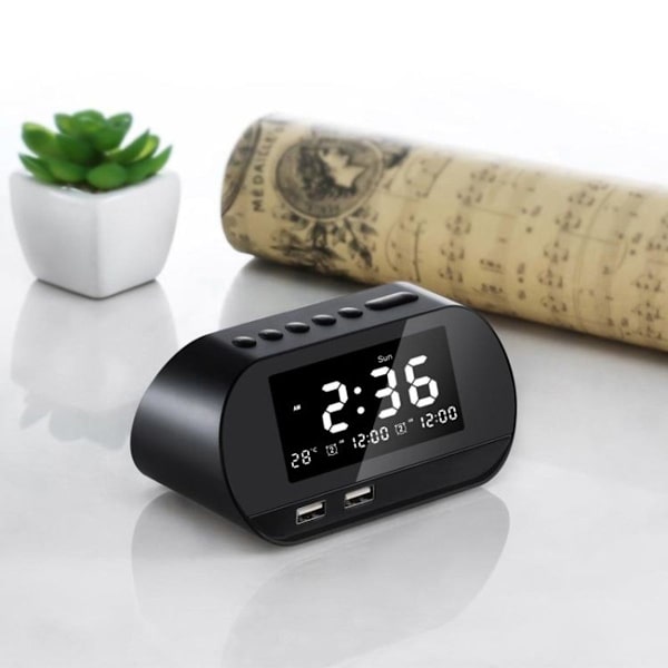 Dubbel USB-laddningsbar väckarklocka Smart trådlös radio LCD temperaturklocka - Europeisk