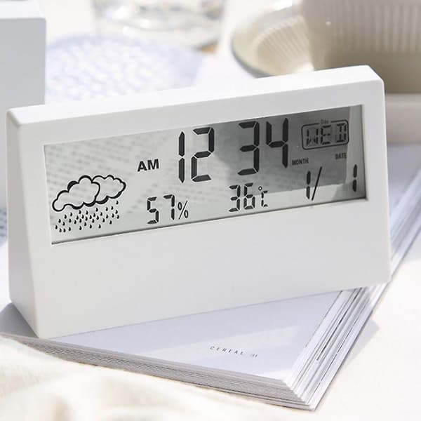 Digital väckarklocka för hemmakontor med temperatur, luftfuktighet och väderdisplay