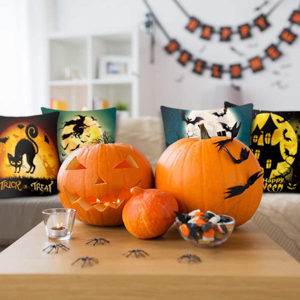 Sæt med 4 Halloween pudebetræk, pudebetræk i hør til seng, 18x18 tommer