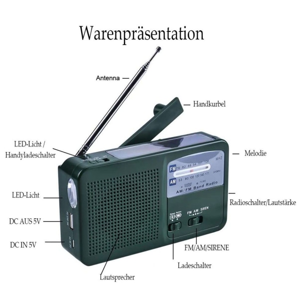 Bærbar Nødradio Solradio Crank AM FM Radio med LED Lommelygte USB Port