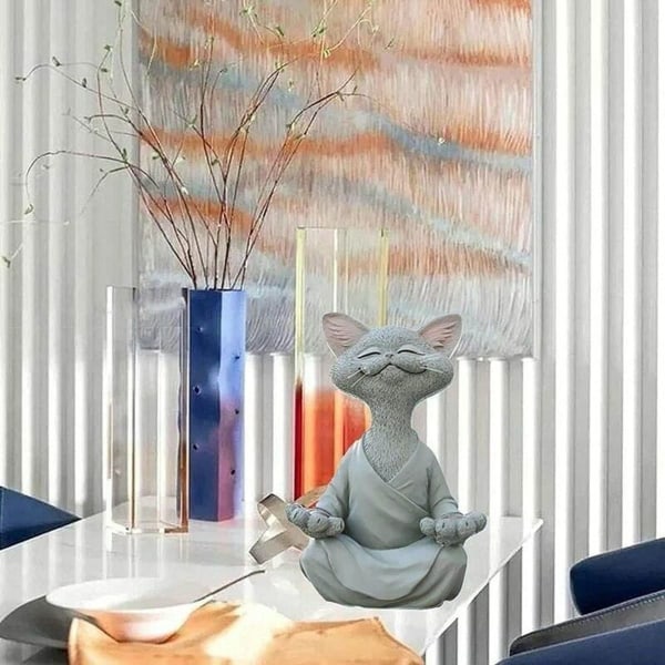 Meditasjonsstatue Kattfigur Resin Grå Zen Yoga-dekorasjon