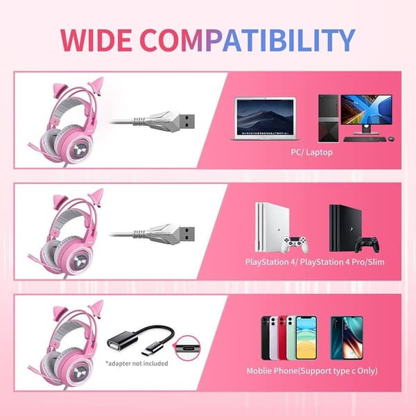Rosa gamingheadset för PC, PS4, laptop: 7.1 virtuellt surroundljud