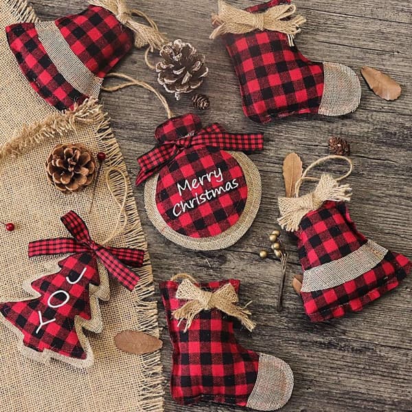 Julepynt Træpynt Pakke med 8 Rød Sort Buffalo Check Plaid Sæk