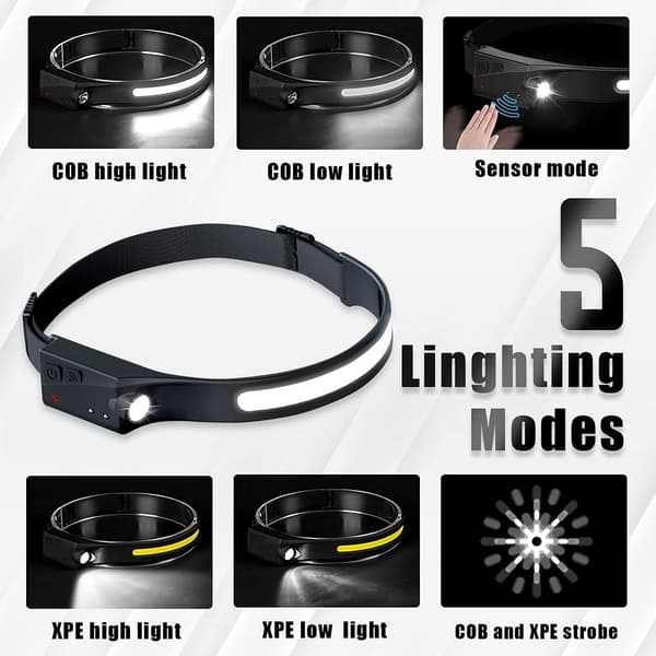 5-i-1 USB-oppladbar vanntett LED-hodelykt med løping, camping, kjøring