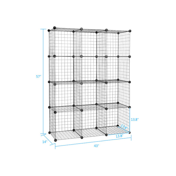 Modulær gitterhylle, 13 kuber DIY metallrom lagringsenhet 35x35 cm, svart KLB