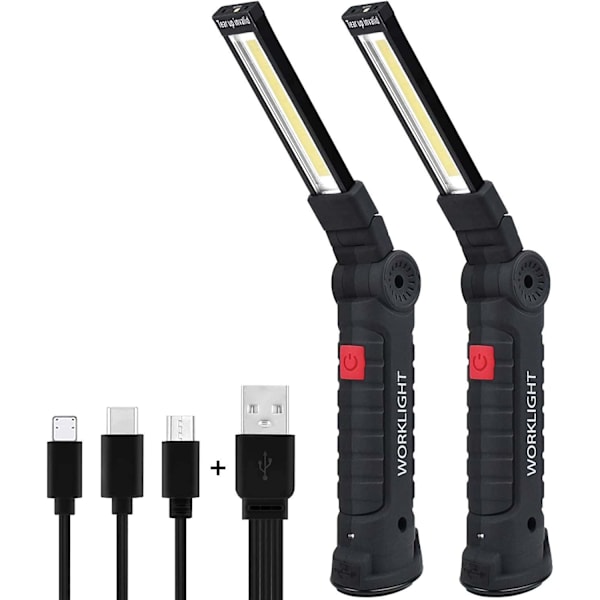 Genopladelig LED-håndlampe, bærbar genopladelig LED-arbejdslampe, kraftig COB-magnetlampe 5 tilstande med magnetisk base [Stor, 2 stk.]