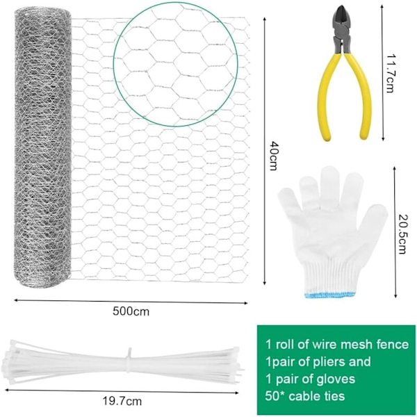 40cmx5m Galvanisert Kaninnett Hexagonalt Netting Kyllingtråd Netting Kyllinghus Voliere Gjerde med 50 Kabelbånd Hansker, Saks for Hage KLB