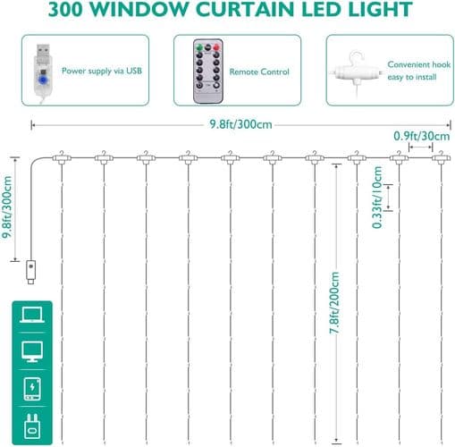 LED-ljusslinga, ljusgardin 300 LED USB varmvit