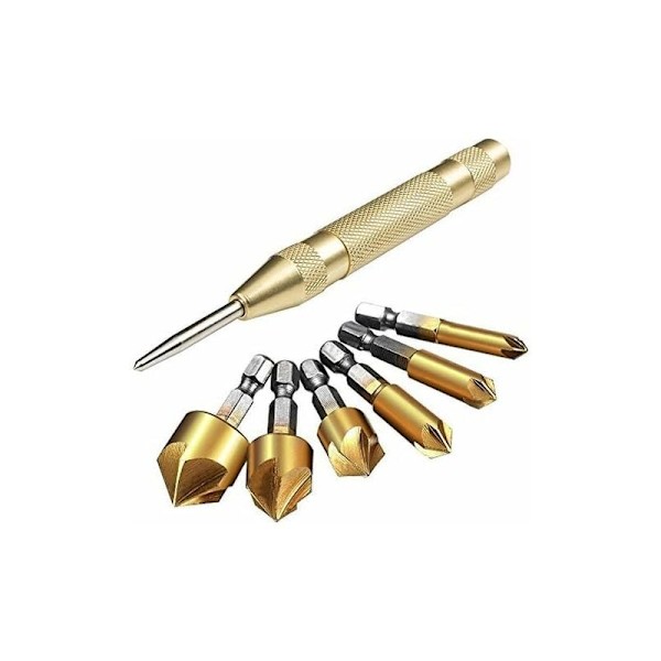 Sats med 6 HSS 5 Hex Shank försänkningsborrar med automatisk centrumpunch 5 tum avgradningsverktyg för stål trä plast KLB