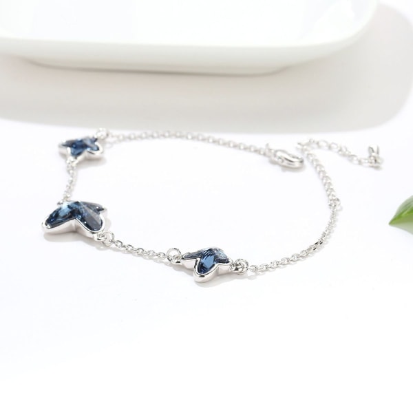 Three blue butterfly silver bracelets, adjustable length