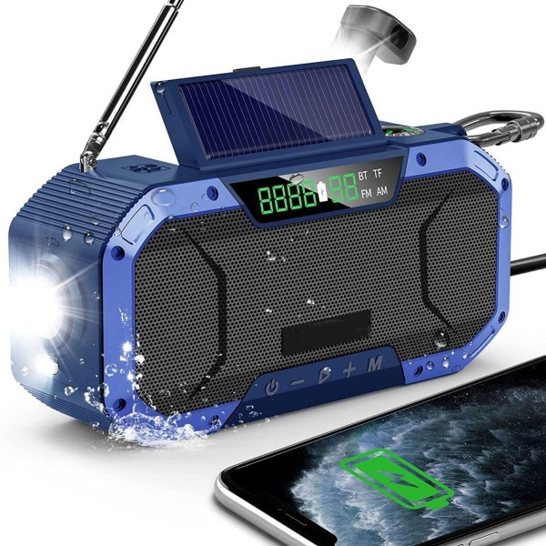 Nødradio Stænksikker Bluetooth-højttaler Bærbar AM/FM Solar Crank-radio