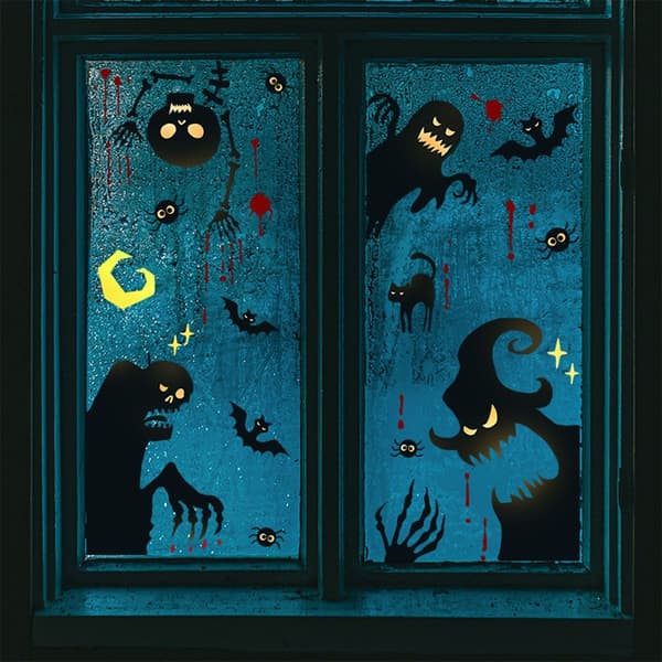 set Halloween spöken, fladdermöss, skelett, blodfläckar, spindlar, vardagsrum KLB