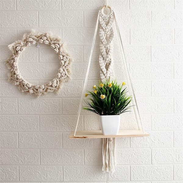 Macrame väggdekoration i trä, boho väggdekoration gobeläng växtkruka