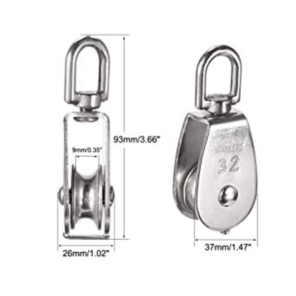 Pakke M32 Løftetrisse Laster 551 Ibs, Heavy Duty 304 Rustfritt Stål Enkelt Hjul Svingbar Løftetau Trinseblokk