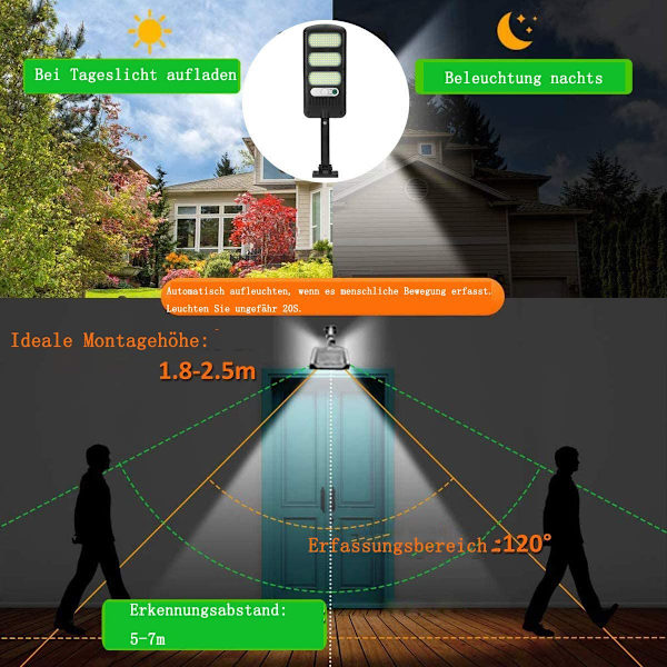 Solcellslampa för utomhusbruk, 213 LED solcellslampa med rörelsesensor, vattentät KLB