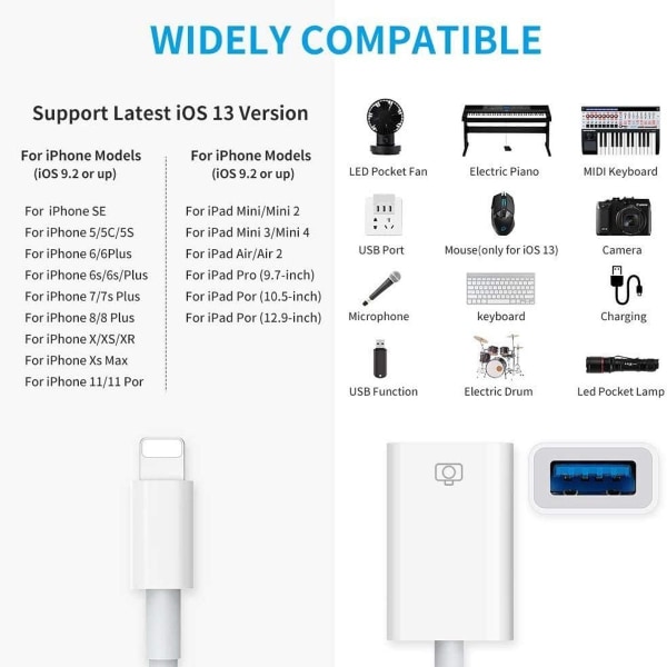 USB kamera adapter, USB 3.0 OTG kabel til iPhone/iPad til tilslutning