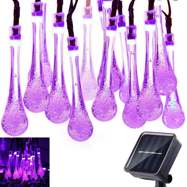 Aurinkokennovalosarja, 19,2 jalkaa 8 tilaa 30 LED-vesipisara aurinkovalot puutarhaan, aitaan, terassille, juhliin ja lomaan (violetti)