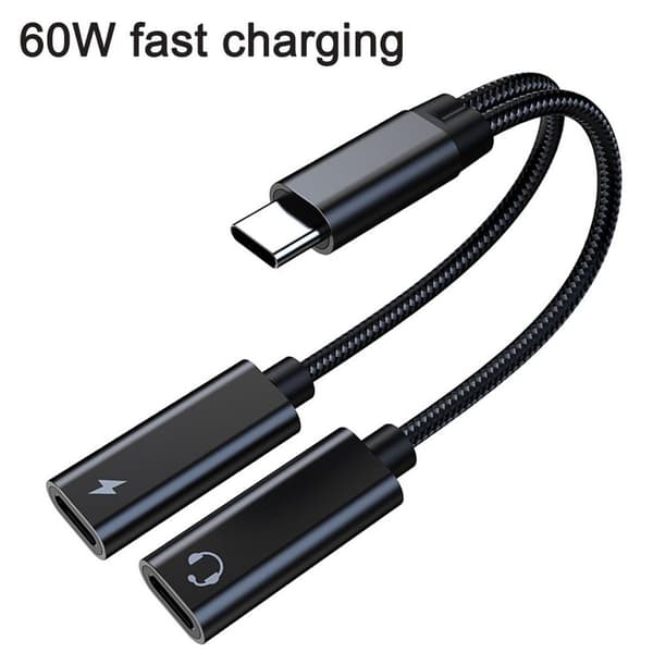 USB-C Splitter, Dobbelt USB-C Hovedtelefoner og Oplader Adapter med TA2H-B2L60 Sort