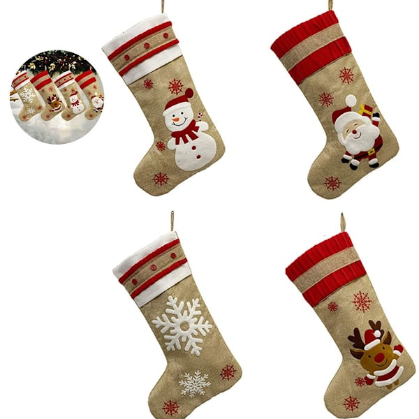 Ny julstrumpa jute set 4 delar broderad linne KLB