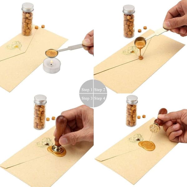 Sett med voksforseglingsstempel, inkludert voksforseglingsstempel i messing og trestempler