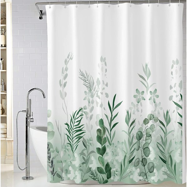 180x200 cm Grøn Polyester Stof Bruseforhæng, Urskog, Eng, Grønne Planter, Akvarel Effekt, Anti-Mildew, Vandtæt o-