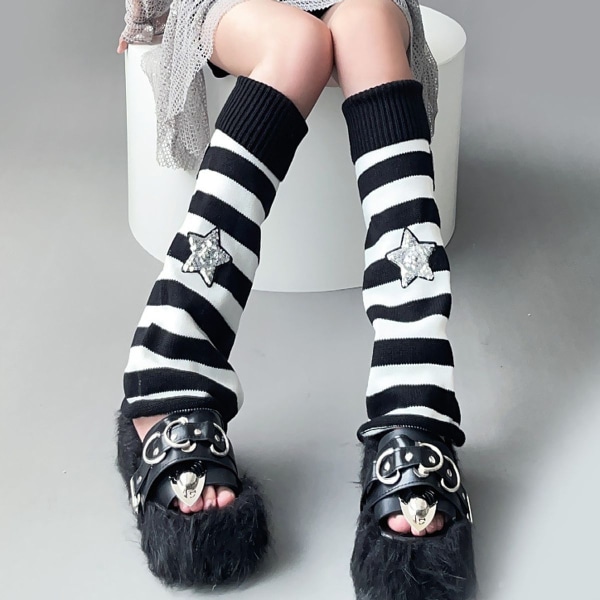 Japansk stil for kvinner, Kawaii-stil, lang svart hvit stripe-benvarmere KLB