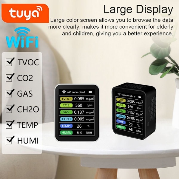 Tuya WiFi 6 i 1 CO2-detektor för koldioxid CO2-mätare CH2O TVOC GAS KLB