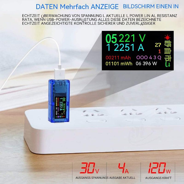 USB 3.0 Tester Multimeter 3.7 - 30 V 0-4A USB Spændingstester USB Digital