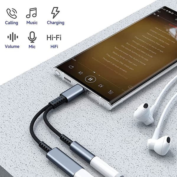 USB-C till 3,5 mm hörlurs- och laddningsadapter, 2 i 1 USB-C grå