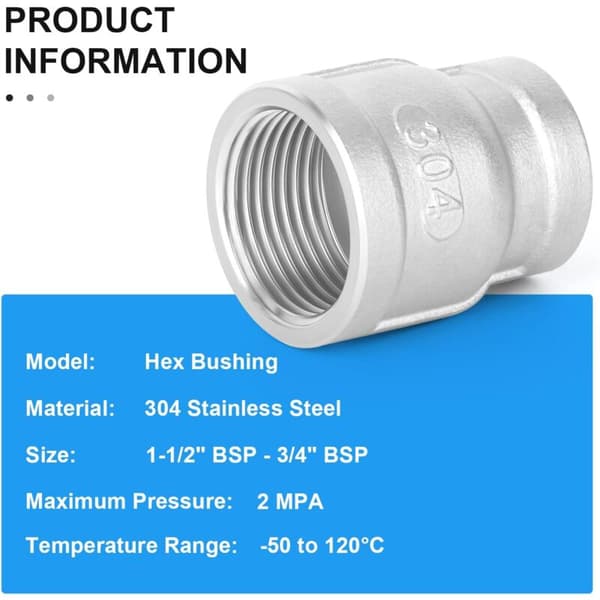 1 stk. 1-1/2\" x 3/4\" BSP hunreduktionsfitting, rustfrit stål 304 rørfittings, KLB
