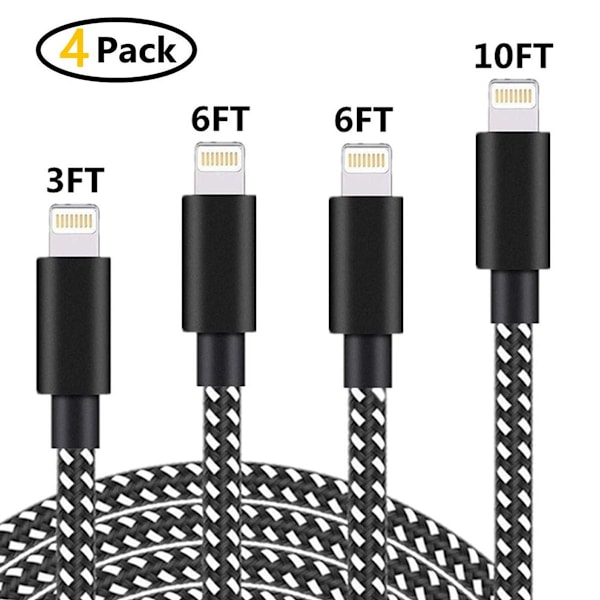 Paket med iPhone-laddningskabel 3ft/6ft/10ft flätad nylon snabb USB KLB