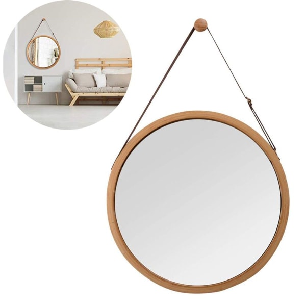 Bambus vægspejl rundt gangspejl badeværelsesspejl med justerbar læderrem KLB