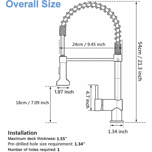 Uttakbar kjøkkenkran i rustfritt stål - Vaskekran med 60 cm fjær, 360° svingbar, 2 spraymoduser matt svart KLB