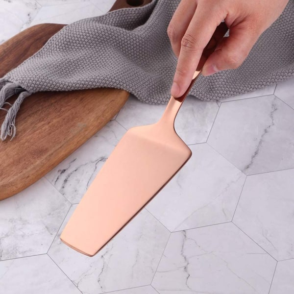 Rostfri kakskärare pizzaspatel server med platt handtag, spegelpolerad och diskmaskinssäker, roséguld