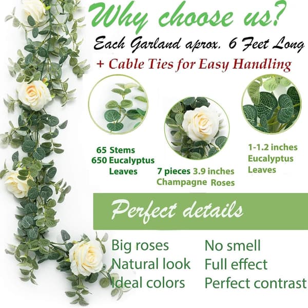 Kunstig Eucalyptus Blomsterguirlande Champagne Roser 6ft Lang Kunstig KLB