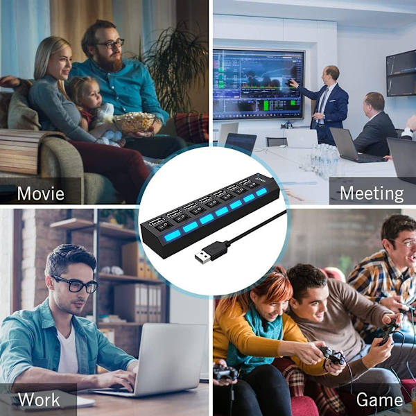 7-porttinen USB 2.0 -keskitin, jossa yksittäiset kytkimet ja LED-valot, USB