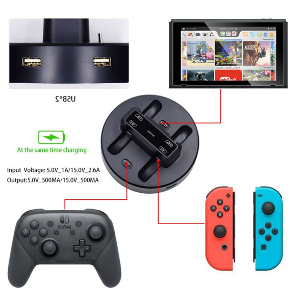 Nintendo Switch ladestasjonsdokkingstasjon for 4 kontrollere - to USB-utganger KLB