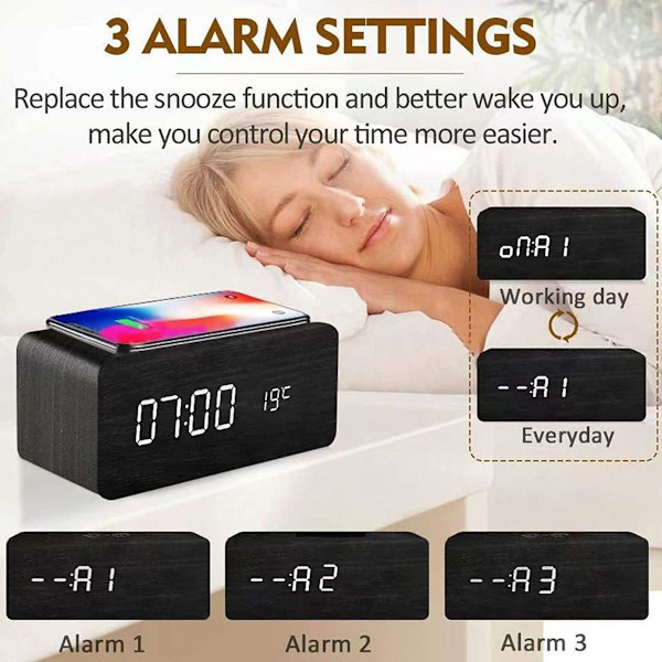 Trådlös laddningsträ digital väckarklocka med 3 larm, LED ebenholts