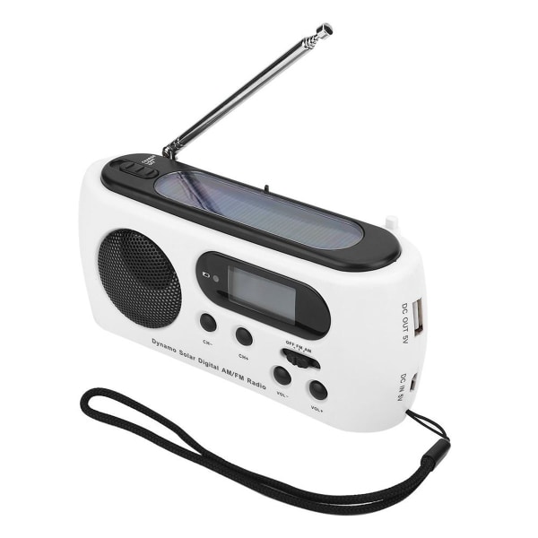 Bärbar, solcellsdriven AM/FM-radio med handvev och LED KLB