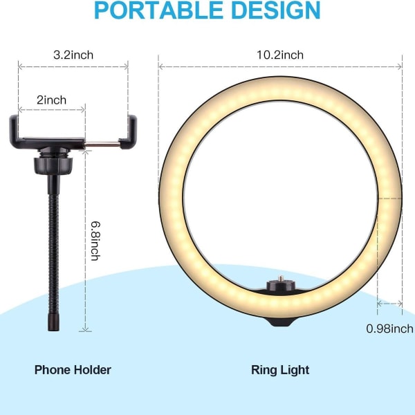 10 tommers selfie-ringlys med stativ, dimbar LED-skrivebordslampe, kamera-ringlys med KLB