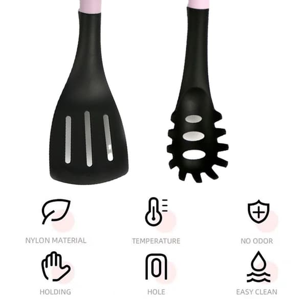Rosa nylon-spatel, non-stick-panne, spesial matlagingssil, stekespatel + spaghetti KLB