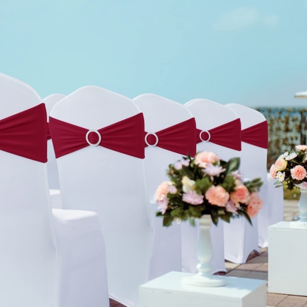 50-pack Premium expanderbara stolsbågar med skjutspänne, universal elastiska stolsband för bröllop, ceremoni, mottagning, bankett, dekoration (burgunder)