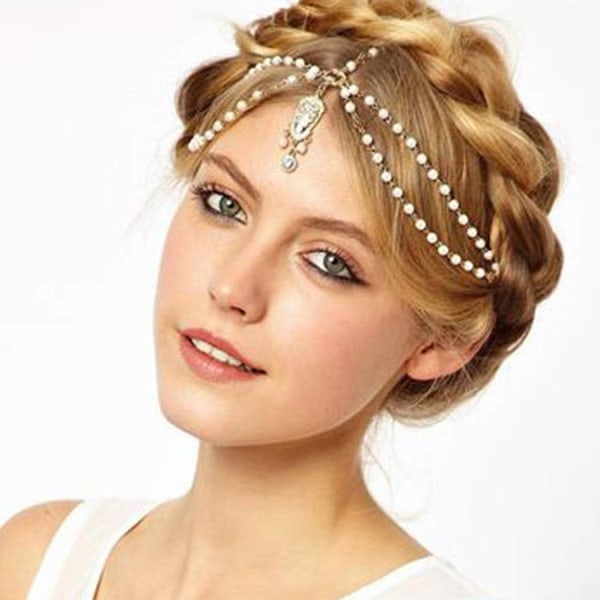 Vintage lagdelt hodekjede gull anheng hodeplagg Perlehodetilbehør for kvinner og jenter