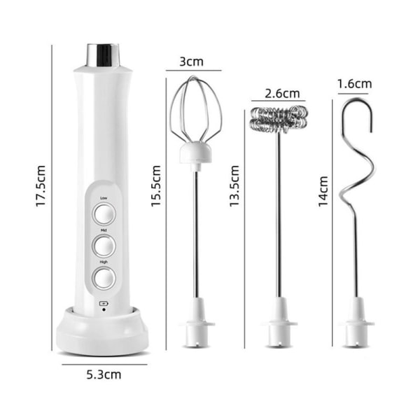 Melkeskummer, bærbar elektrisk skummer, USB-oppladbar, hvit